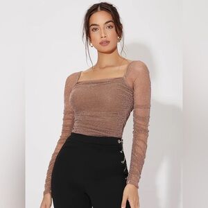 Elegant Brown Sheer Sparkle Long Sleeve Top